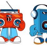 Retro music character for party illustration. Cartoon cute disco ball, radio and cassette dance element. 90s vintage fun groovy style mascot. Comic rave loudspeaker invite to show event in pub set