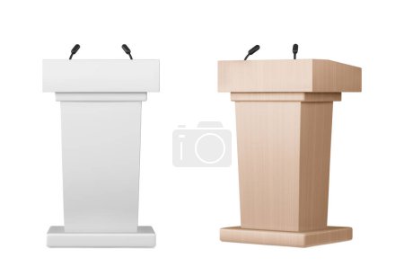Wooden podium tribunes set isolated on white background. Vector realistic illustration of rostrum for debate, lecture, press conference, seminar speaker, presentation stage furniture with microphones