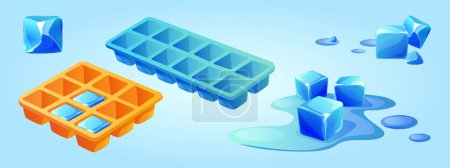 Ice cube trays set isolated on blue background. Vector cartoon illustration of frozen water mold, plastic or silicone square container for kitchen refrigerator, melting icicle pieces in liquid puddle