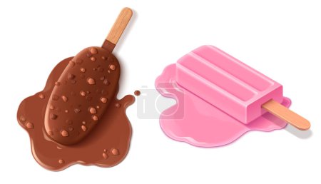 Geschmolzenes Eis isoliert auf weißem Hintergrund. Vektorrealistische Darstellung von Schokolade mit gemahlenen Nüssen und Vanilledessert auf Holzstäbchen, süßer klebriger Pfütze, Restaurantmenü oder Lebensmitteldesign