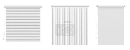 Window blinds set isolated on white background. Vector realistic illustration of horizontal and vertical white venetian shutters, jalousie shade for home, office interior, metal and fabric sunshade