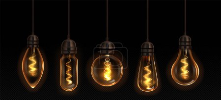 Illustration for Vintage light bulbs set isolated on transparent background. Vector realistic illustration of electric glass lamps glowing with warm yellow light, retro style interior design elements, ceiling decor - Royalty Free Image