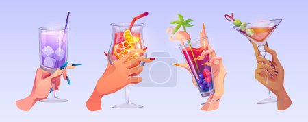 Halten Sie einen Cocktail in der Hand, um Alkohol zur Abbildung des Toastvektors zu trinken. Die Menschen in der Bar feiern die Freundschaft mit Saft, Gin Tonic und Prosecco. Verschiedenes Symbol mit Sangria für Restaurant-Design