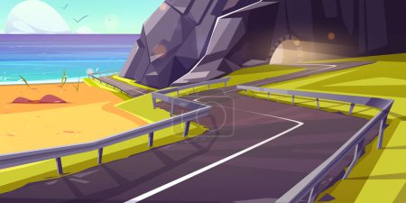 Winding asphalt road over cliff on sea or ocean shore leading to tunnel in rocky mountain. Cartoon vector illustration of summer or spring seascape with danger serpentine highway near stone hill.