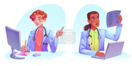 Médicos trabajando en computadoras. Ilustración de dibujos animados vectoriales de médicos femeninos que proporcionan consulta de telemedicina, hablando con el paciente en línea, haciendo prescripción médica, traumatólogo revisando imágenes de rayos X de costillas