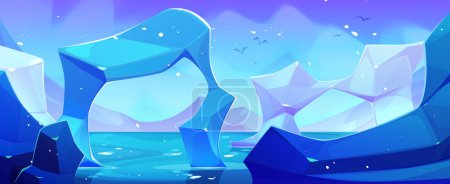 Antarktislandschaft mit Eisscholle und Bergen, blauem Meer- oder Meerwasser und Nordlicht am Himmel. Zeichentrickvektorillustration der arktischen Landschaft mit Eisberg. Polarhorizont mit Schnee und Gletscher.