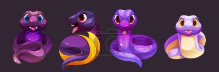 Set of snake characters isolated on black background. Vector cartoon illustration of cute purple, blue and yellow serpent mascots with smile, angry face, forked tongue and poisonous teeth, zoo pet