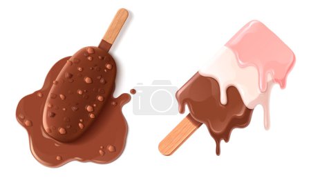Schmelzeis Sommer Ikone Cartoon-Vektor-Design. Vereinzelt leckeres Erdbeereis mit Schokolade und Nüssen. Geschmolzene Pfütze von 3D-Gelato-Stick-Dessert auf dem Boden Konzept. Komische Eisbecher fielen auf den Boden