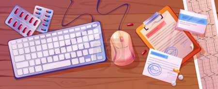Illustration for Doctor workplace top view. Vector cartoon illustration of computer keyboard and mouse on wooden desk, blister with pills and tablets, paper prescriptions, medical records on table, healthcare services - Royalty Free Image