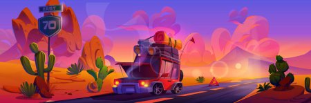 Kaputtes Auto mit Gepäck auf dem Dach und Rauch unter offener Motorhaube, der auf einer Straße in der Wüste steht, mit Kakteen und Felshügeln bei Sonnenuntergang oder Sonnenaufgang. Karikatur Abendlandschaft mit Fahrzeugpanne.