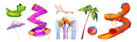 Waterpark slide and equipment for summer relax. Cartoon vector illustration set of bright amusement aquapark spiral tunnel waterslide, inflatable ball and ring, lounge chair and umbrella, palm tree.