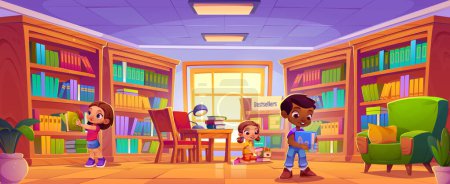 Children read book and study in school library. Boy kid with little people do homework. Preschool or kindergarten class room for smart baby. Young literature lover reading near bookcase and window