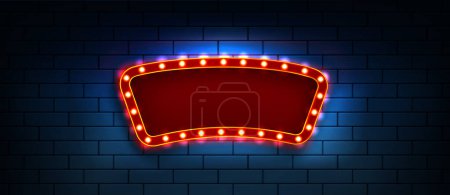 Roter leerer Rahmen mit Glühbirnen auf dunkelblauem Backsteinhintergrund. Realistische 3D-Vektor-Illustration von Retro-Kino oder Casino-Plakatwand mit Lampen. Leere Banner-Vorlage für Zirkus oder Theater.