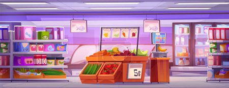 Supermarkt-Interieur mit Produkten im Kühlschrank und in den Regalen, Gemüse auf Regalen, Waagen zum Wiegen von Lebensmitteln. Cartoon-Vektor-Illustration des Lebensmittelmarktes im Inneren mit Geräten und Waren.