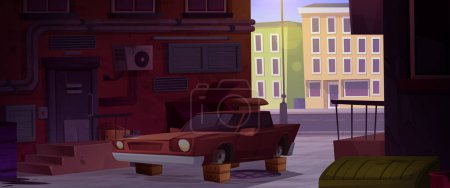 Antiguo coche roto abandonado sin ruedas de pie en el callejón del barrio del gueto. Ilustración vectorial de dibujos animados de la ciudad zona pobre calle. callejón de la ciudad del crimen con edificios y transporte dañado.