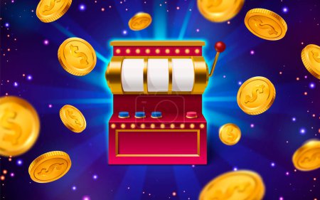 3d casino slot machine with lever handle for jackpot game background. Lucky wheel reel for coin. Roulette fortune spin banner for online gamble lottery. Blank retro luck bar to play with button