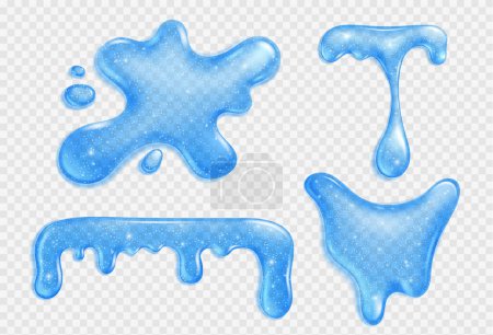 Illustration for Blue slime drip. Goo or glue with glitter splat. Jelly sticky texture set. Liquid glossy gooey blob. 3d cosmetic puddle smudge collection. Serum or gel smear shape with sparkle and light reflection - Royalty Free Image
