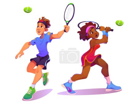 Tennisspieler Sport Charakter Frau und Mann Vektor. Sportler schlagen Ball mit Schläger Cartoon Illustration Set. Laufende männliche Studenten spielen Spiel in Uniform. Isolierte afrikanische Berufsperson