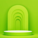 Podium on acid green background with arch design element. Vector realistic illustration of cylinder shape platform with empty white surface for product presentation, modern bright showroom pedestal