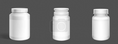 3D weiße Plastiktablette Flasche. Ergänzen Containerpaket Attrappe. Medikamentendose für Kapsel, Medikament, Protein oder Aspirin mit leerer Rezeptvorlage und Deckel. Pharmaprodukte als Attrappe