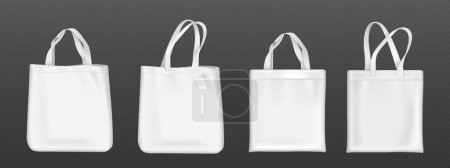 Weiße Tragetaschen-Attrappe. Realistische 3D-Vektor-Illustration Set aus Stoff Leinwand Eco-Beutel für den Einkauf. Vorlage aus Baumwollstoff Mehrwegeinkäufer mit Griff. Handtasche aus ökologischem Material.