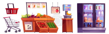 Einrichtungsgegenstände und Möbel im Supermarkt - Produkte im Kühlschrank, Gemüse auf Regalen, Wagen und Korb, Waagen zum Wiegen von Lebensmitteln. Cartoon-Vektor-Set von Supermarkt-Innenelementen.