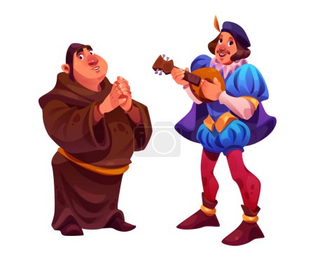 Medieval people in traditional clothing cartoon character set. Vector illustration of fat priest in brown long robe and musician in blue dress with mandolin. Ancient middle age male fairy tale person.