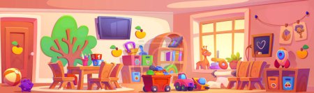Kindergarten classroom for preschool child cartoon. Nursery playroom interior with toy, table and chair. Cute room design for montessori daycare activity and education background illustration