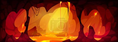 Lava cave game background. Fantasy hell landscape. Fire magma and rock inside dungeon hole drawing cartoon illustration. Devil tunnel and molten land river flow. Scary underground inferno world