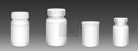3d white plastic pill bottle. Supplement container package mockup. Medicine jar for capsule, drug, protein or aspirin with empty prescription label template and lid. Pharmaceutical pack mock up