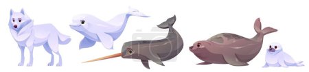 Lindo toon polo norte de la tierra y los animales marinos. Dibujos animados vector ilustración conjunto de personajes de la vida silvestre ártico polar lobo blanco, natación beluga, narval, gran puerto marrón y pequeña foca arpa bebé.