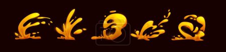 Gelbe und orangefarbene Lavafeuerspritzer. Cartoon Vektor Illustration Set von Magma-Explosion Flüssigkeitsblitz und Flamme. Vulkan platzt mit Tropfen und Welle vfx. Spiel Vulkanausbruch Energie Explosion.
