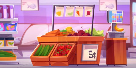 Diseño interior de supermercado. Vector ilustración de dibujos animados de la tienda de alimentos, estantes de la tienda de comestibles con frascos y paquetes, caja de madera con frutas y verduras orgánicas frescas, pescado en nevera de vidrio