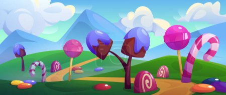 Candy Land Spiel Hintergrund. Vektor-Cartoon-Illustration eines grünen Gebirgstals mit Karamell-Lutschern, Schokoladenbonbons am Straßenrand, Märchenlandschaft unter blauem Himmel mit Wolken, Süßwarenwelt