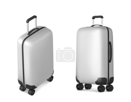Weißer Koffer mit Griff und Rädern in verschiedenen Blickwinkeln. Realistische 3D-Vektor-Illustration Reisegepäcktasche. Plastikgepäck für Reise- und Urlaubskonzept. Reise-Zubehör-Vorlage.
