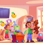 Kindergarten room interior with little kids playing with toys and woman babysitter. Cartoon vector illustration of children and teacher in nursery classroom. Daycare and montessori indoor playground.