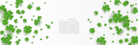 St. Patrick Day weißer Hintergrund mit grünem Kleeblatt mit drei und vier Blütenblättern. Realistische 3D-Vektor bg mit Shamrock Rand für glückliches irisches Design. Banner mit fliegendem Kleeblatt und Vierbeiner.