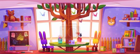 Kindergarten room interior with furniture and toys. Cartoon vector illustration of nursery playroom with decorative tree, table and chairs, books and plaything on shelf, chalkboard and painting tools