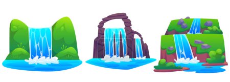 Wasserfall auf felsigen und mit grünem Gras bedeckten Berg. Cartoon-Vektor Illustration Reihe von Kaskaden fallen blaues Wasser des Stroms von der Klippe. Fluss auf steinernen Hügeln für natürliche Landschaftsplanung.