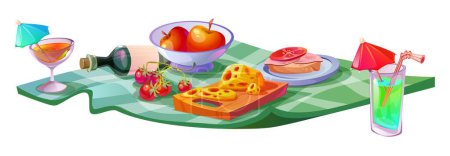 Nourriture servie sur une couverture de pique-nique isolée sur fond blanc. Illustration vectorielle de fruits, sandwich, verres à cocktail, bouteille de vin, fromage sur tapis à carreaux vert, élément design de dîner en plein air