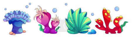 Sea coral and underwater ocean reef plant cartoon isolated icon. Undersea aquatic element with tropical leaf, moss and flora. Exotic fauna drawing bundle. Bright deep aquarium cute shape weed graphic