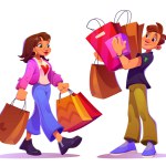 Buyer character after shopping in mall. Happy woman shopper with supermarket bag. Family illustration set as consumer carrying package and purchase gift in market. Excited guy hold bags isolated