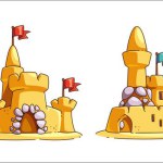 Sand castles set isolated on white background. Vector cartoon illustration of beach sculptures in shape of medieval fortress with towers, starfish and stone decoration, childhood fun, resort leisure