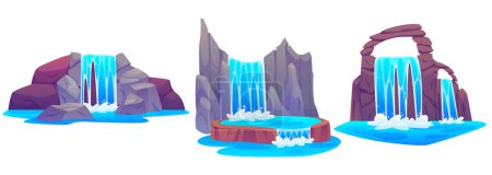 Kaskadenwasserfall von Berg-Cartoon-Vektor. Wasserfall Bach aus Stein Hügel mit Splash Landschaft Element. Natürliche Klippe an der Küste mit Aqua Torrent Grafik Fantasie Umwelt Spieldesign