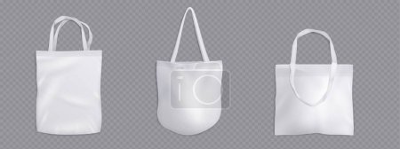 Tote bag of different shape and handle length mockup. Realistic 3d vector illustration set of white cloth canvas eco shopper. Blank fabric cotton or linen reusable shopping grocery handbag template.