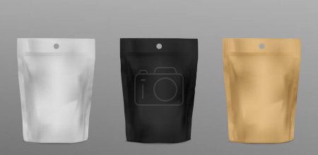 White stand pouch bag. Food doypack zipper mockup. 3d blank plastic coffee, tea or snack sachet package design. Isolated kraft detergent container advertising template. Cosmetic packet for branding