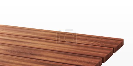 Illustration for Wooden kitchen table corner, perspective view with texture. Wood tabletop angle surface for product presentation. 3d empty garden desk on foreground for dining display in rustic restaurant template - Royalty Free Image