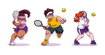 Woman and man character tennis sport player vector. Female person serve ball and hit with racket in game cartoon isolated design set. People sportsman and athlete lifestyle in professional competition