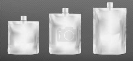 Doypack or pouch bag mockup. Plastic pack with cap mock up. 3d white drink juice, liquid food or detergent container packaging asset. Isolated clear refill sauce or soap stand bottle packet vector