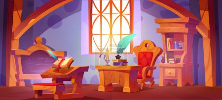Magic school classroom interior with wooden furniture and studying elements. Cute cartoon vector wizard education room with teacher and student desk with book and feather, bookcase and blackboard.